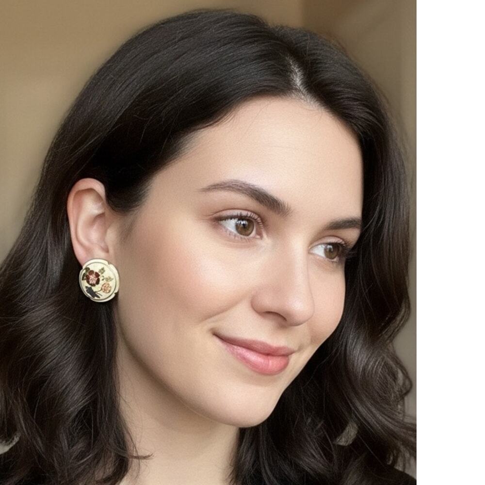 Vintage Floral Cloisonne Style Enamel Painted Clip-on Earrings